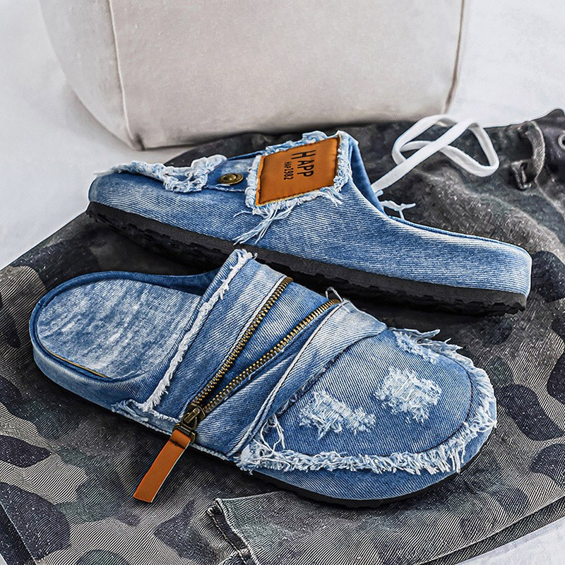 Manhattan Distressed Denim Slippers with Zip Detail