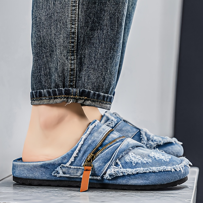 Manhattan Distressed Denim Slippers with Zip Detail