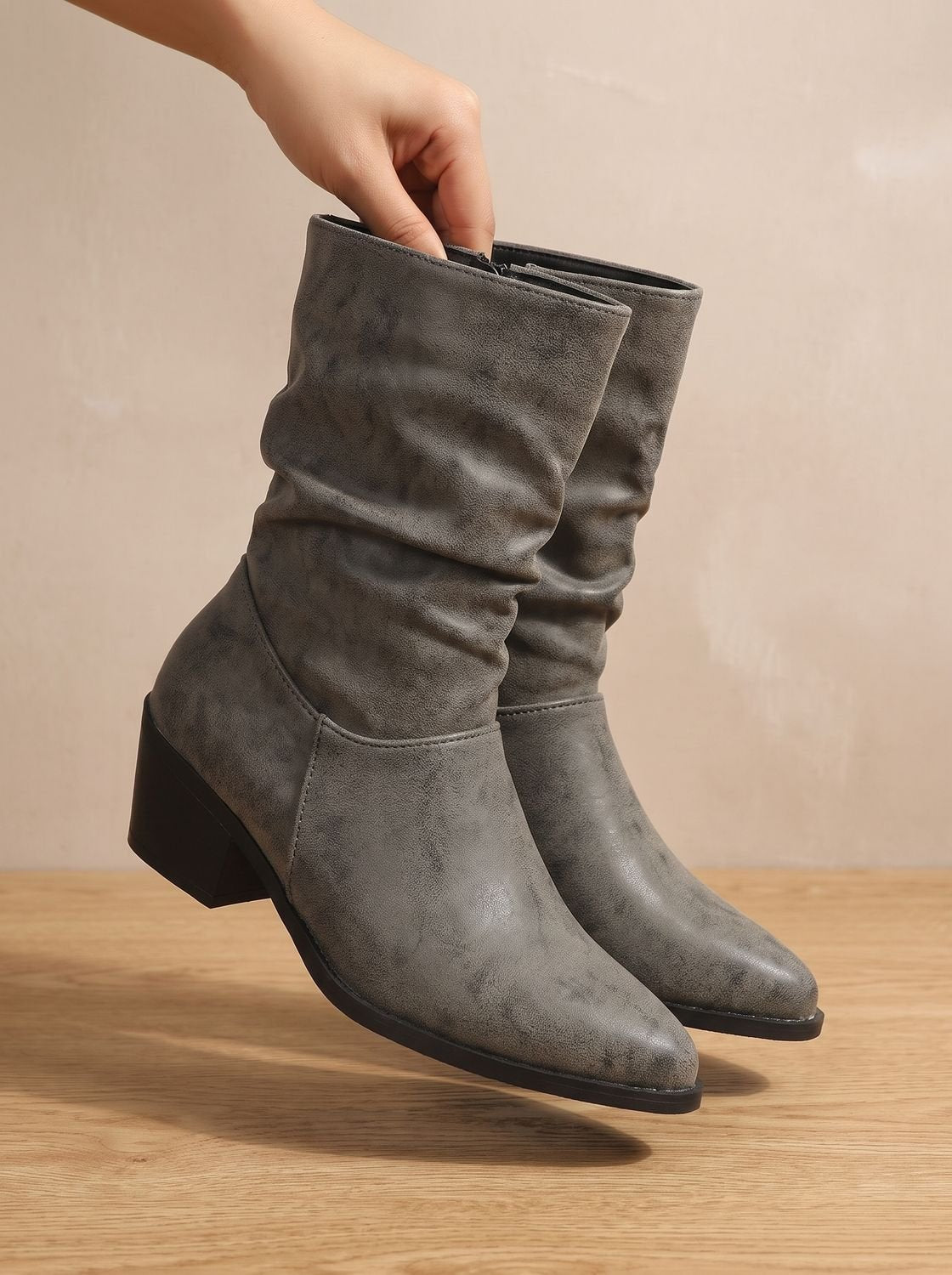 Mariana - Women's Ruched Faux-Leather Boots with Block Heel
