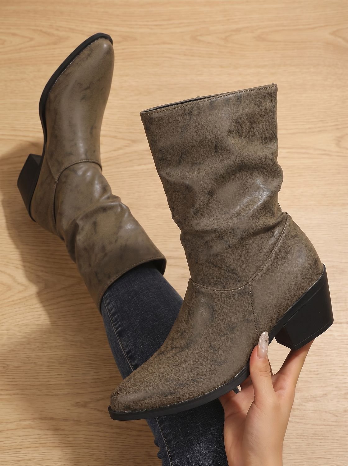 Mariana - Women's Ruched Faux-Leather Boots with Block Heel