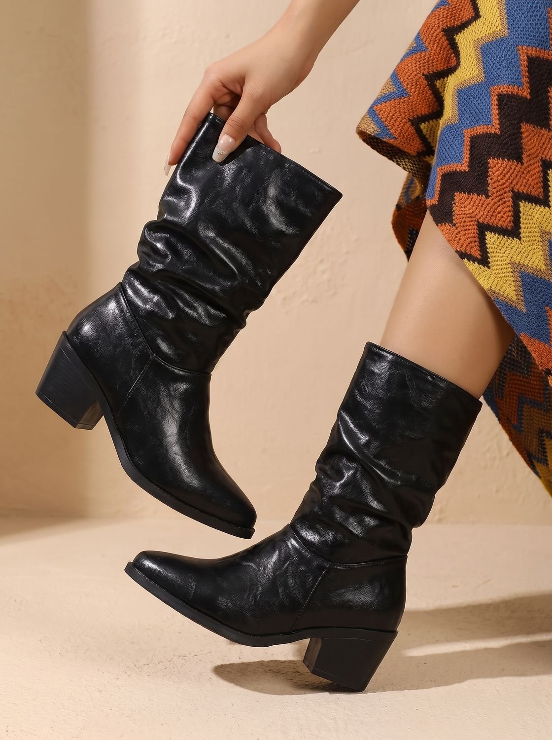 Mariana - Women's Ruched Faux-Leather Boots with Block Heel