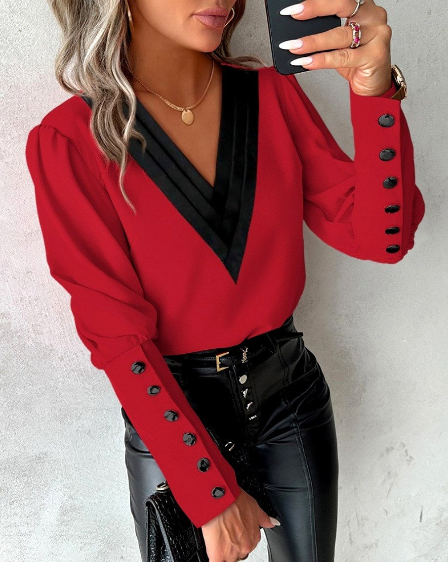 Marielle - Women's Contrast V-Neck Button Cuff Blouse