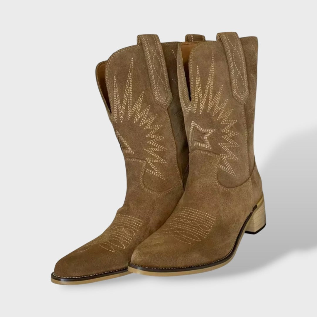 Catherine | Women's Suede Embroidered Cowboy Boots Mid Calf