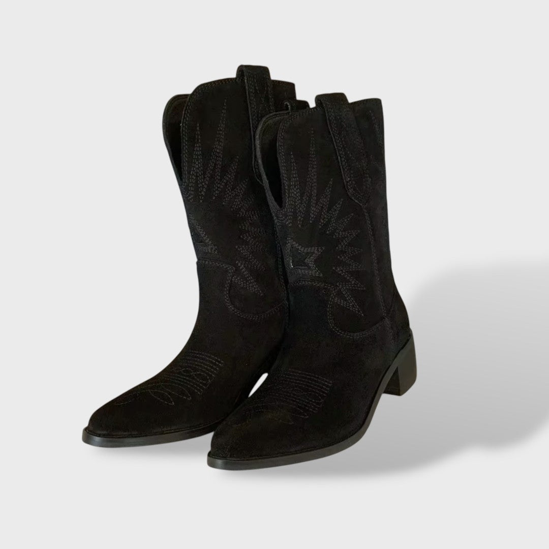 Catherine | Women's Suede Embroidered Cowboy Boots Mid Calf