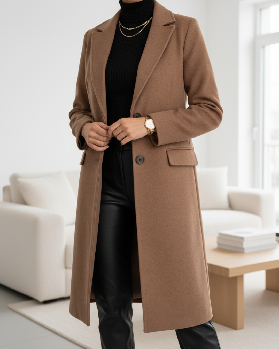 Marjorie - Women's Two-Button Long Overcoat with Notch Collar