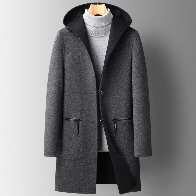 Xavier | Men's Hooded Wool Blend Coat Double Faced Winter Overcoat
