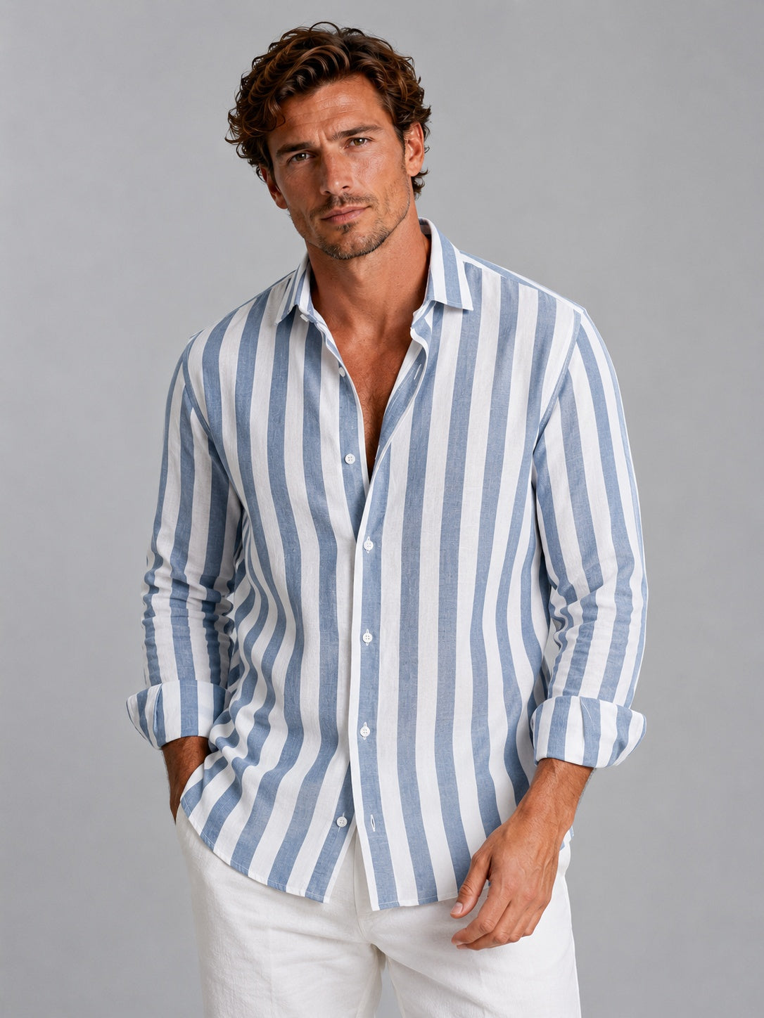 Men's Striped Long Sleeve Linen Shirt | Graham