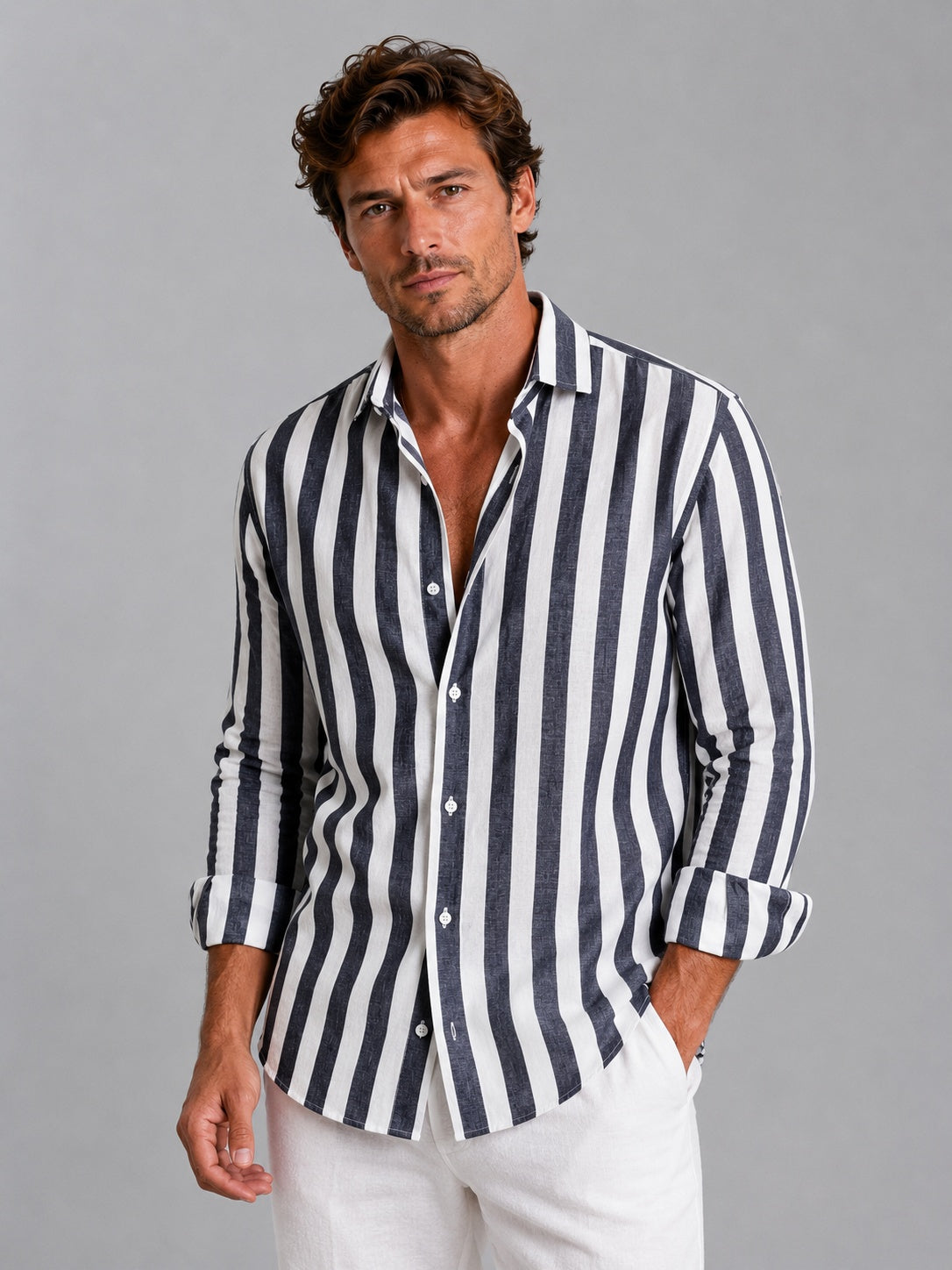 Men's Striped Long Sleeve Linen Shirt | Graham