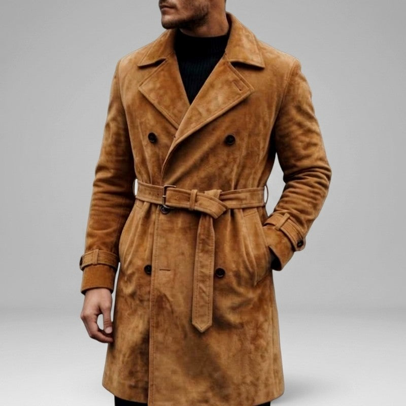Matheo - Men's Suede Belted Double-Breasted Trench Coat