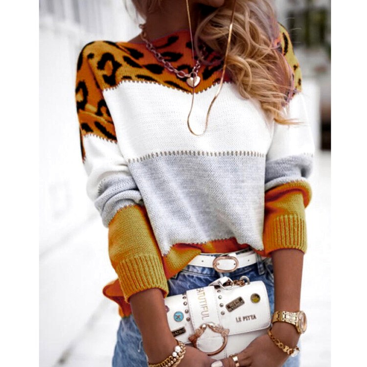 Melissa - Women's Color Block Leopard Print Knit Sweater