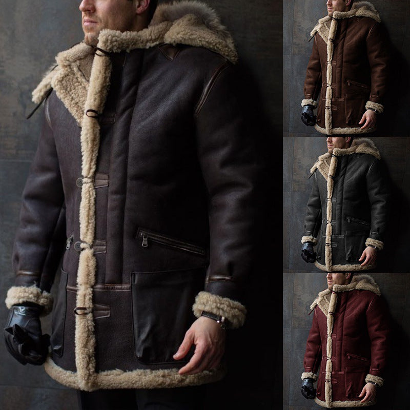 Men's Sheepskin Coat with Hood and Pockets