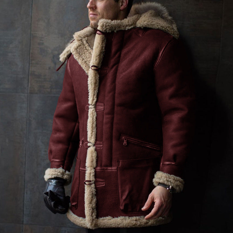 Men's Sheepskin Coat with Hood and Pockets