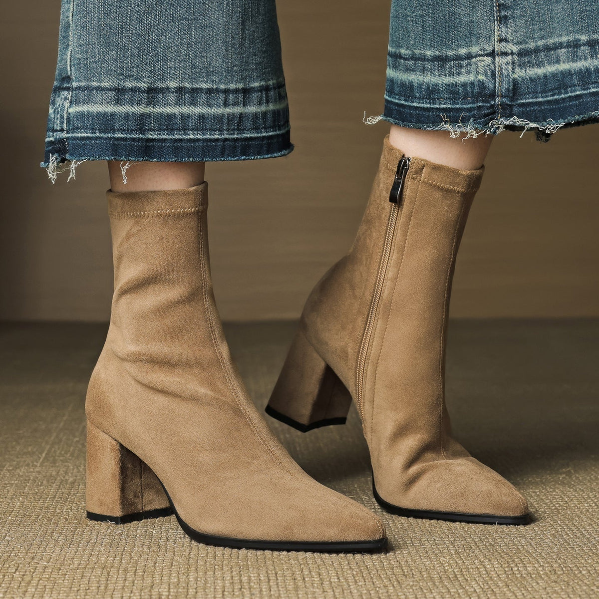 Fiona | Women's Suede Ankle Boots Block Heel Side Zipper