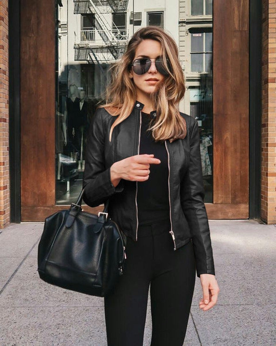 Nadia | Women's Fitted Faux Leather Moto Jacket Zip Up