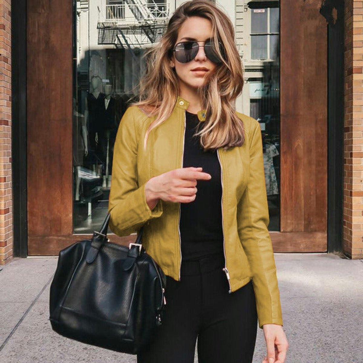 Nadia | Women's Fitted Faux Leather Moto Jacket Zip Up
