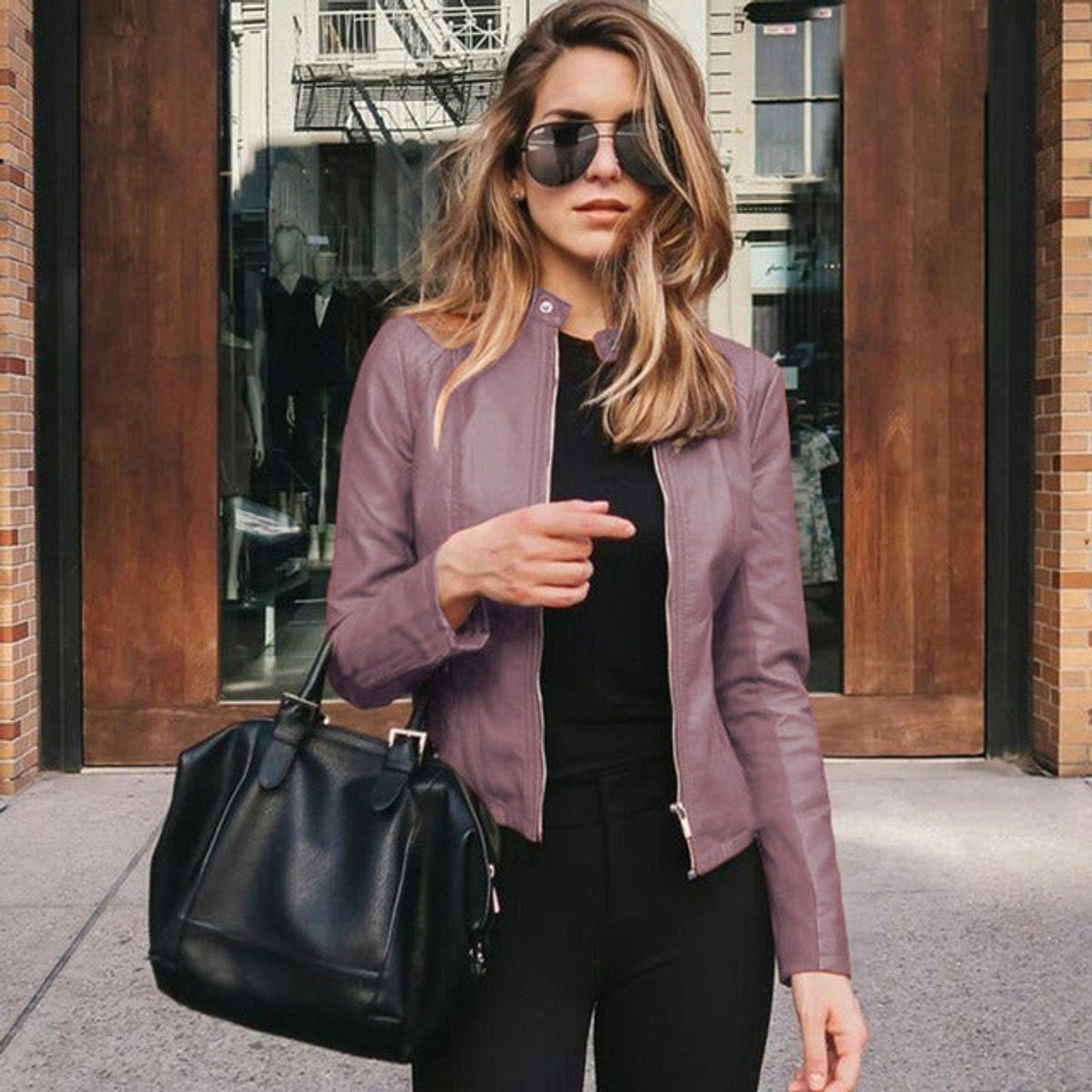 Nadia | Women's Fitted Faux Leather Moto Jacket Zip Up
