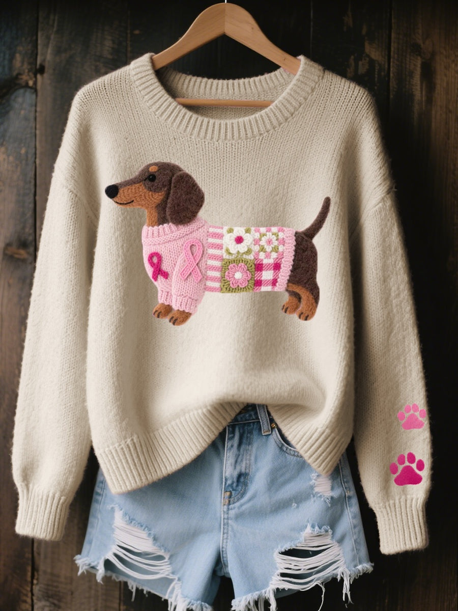 Aria | Women's Oversized Knit Sweater Dog Print Crew Neck