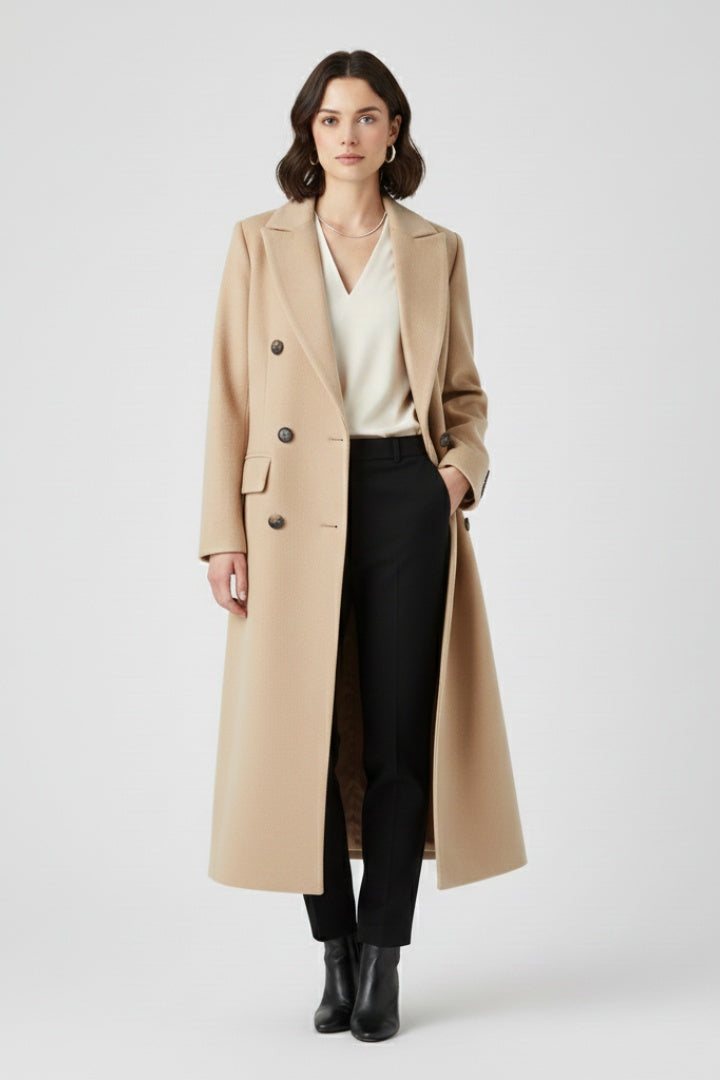 Rachel | Women's Long Peacoat Wool Blend Double Breasted Lapel
