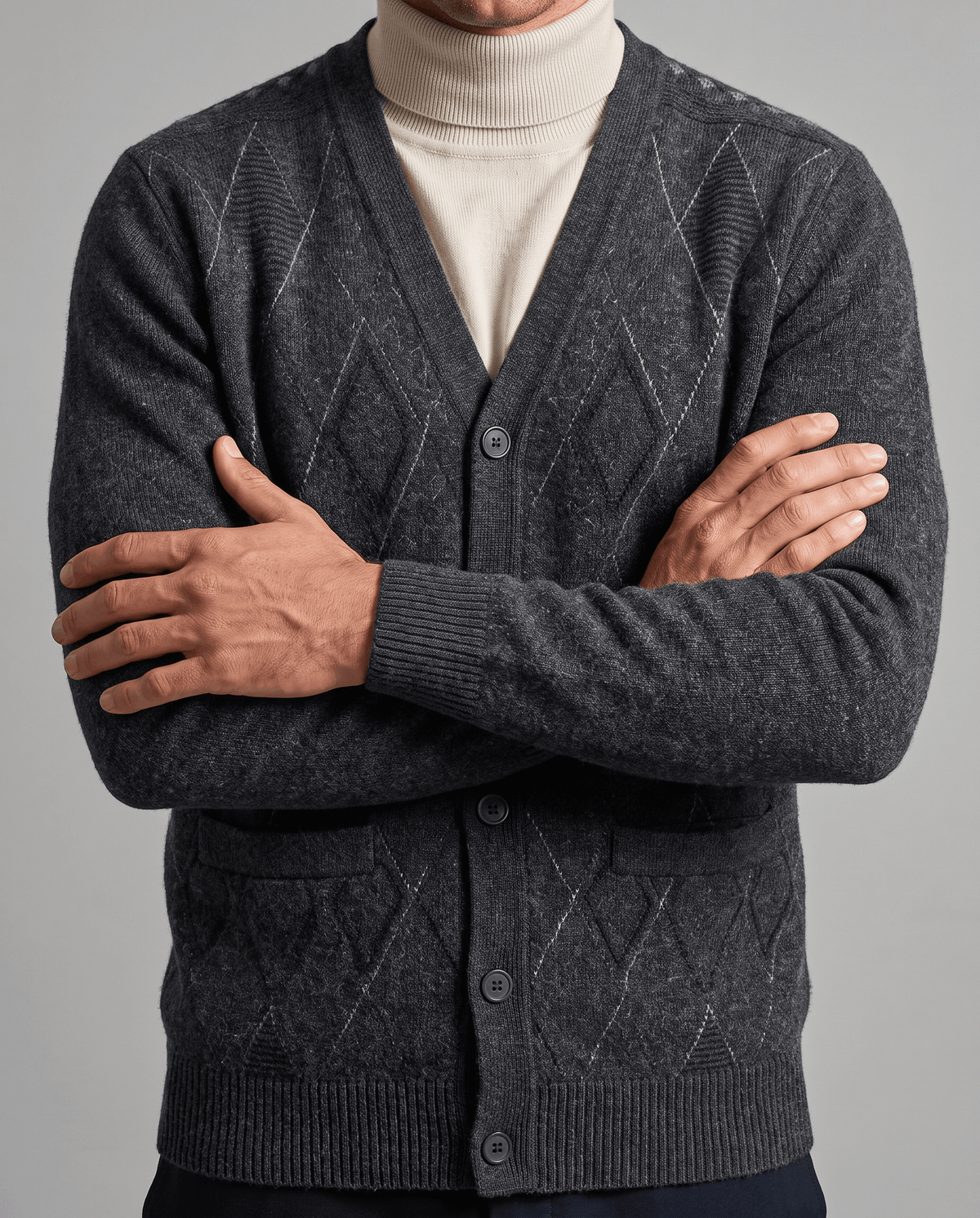 Argyle V-Neck Cardigan Sweater – Button Front, Patch Pockets & Mohair Knit | Lambert