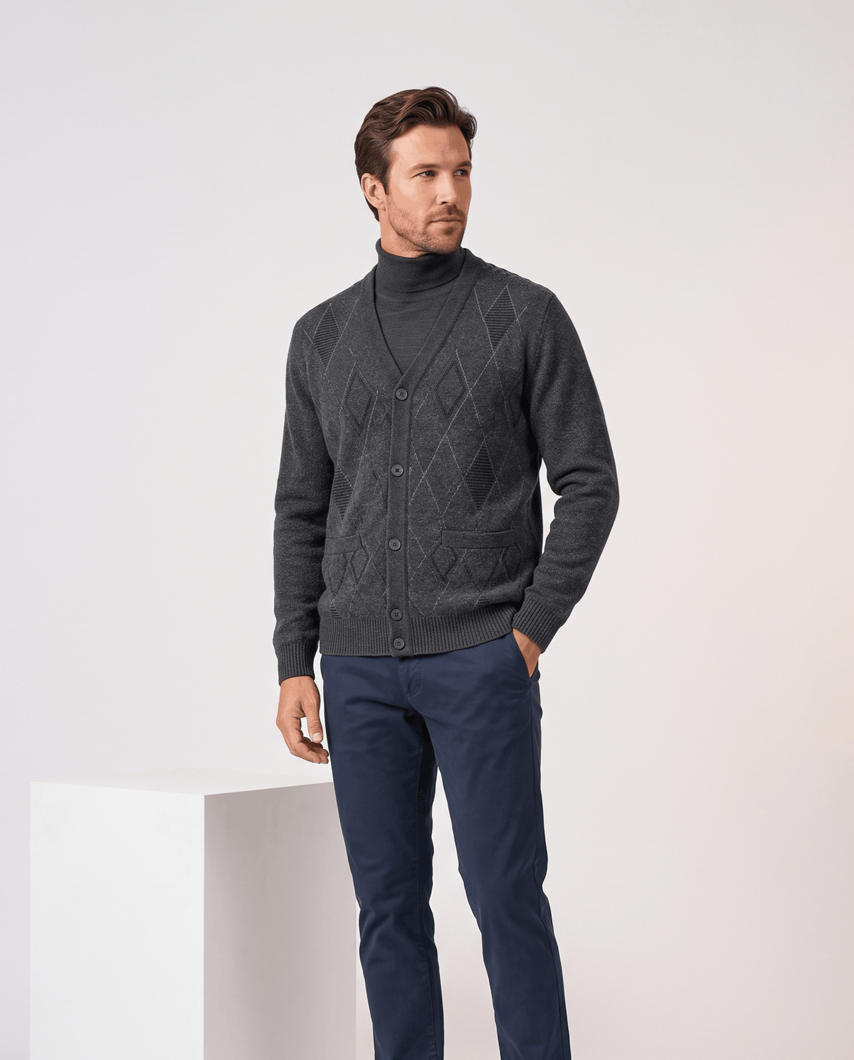 Argyle V-Neck Cardigan Sweater – Button Front, Patch Pockets & Mohair Knit | Lambert