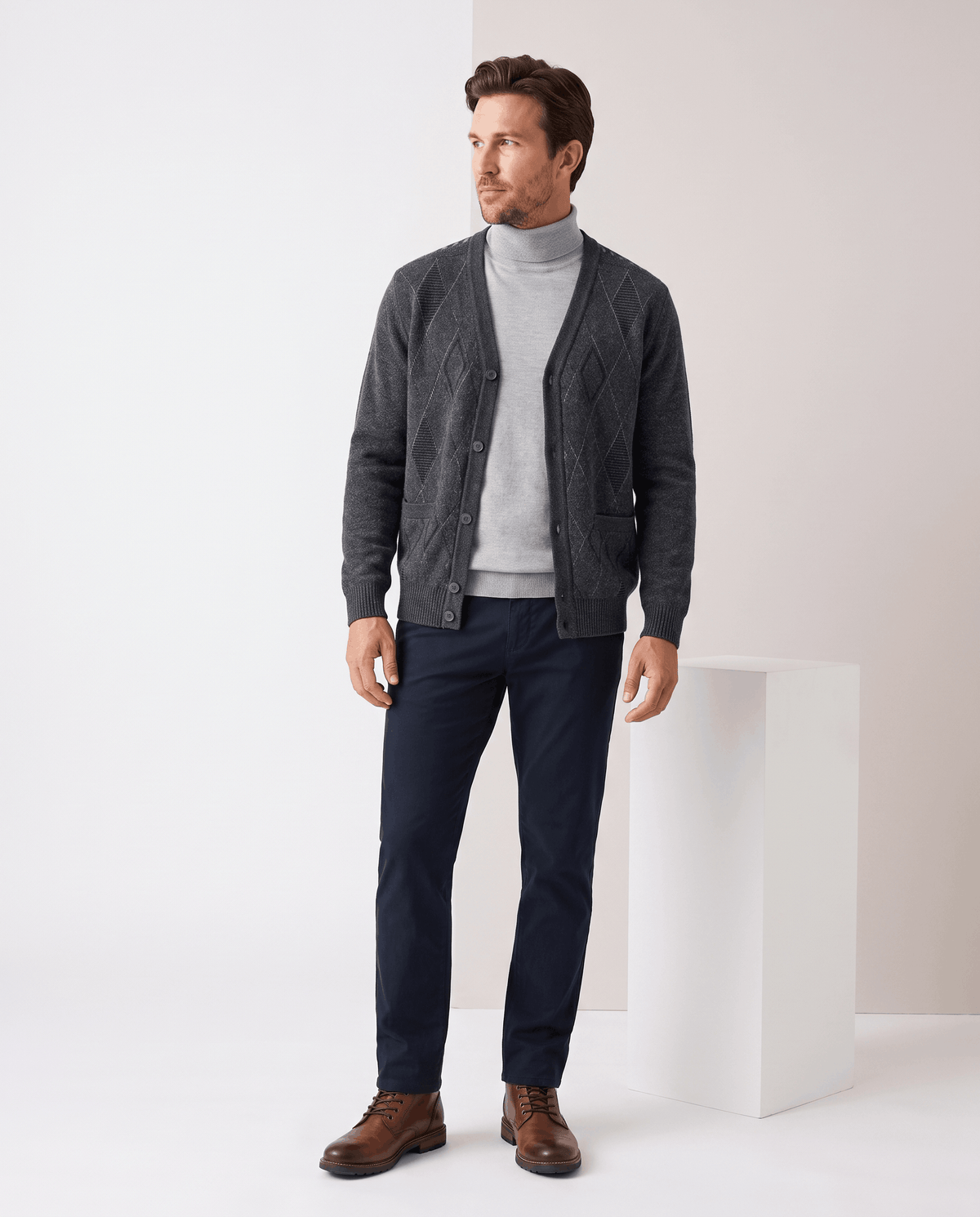 Argyle V-Neck Cardigan Sweater – Button Front, Patch Pockets & Mohair Knit | Lambert