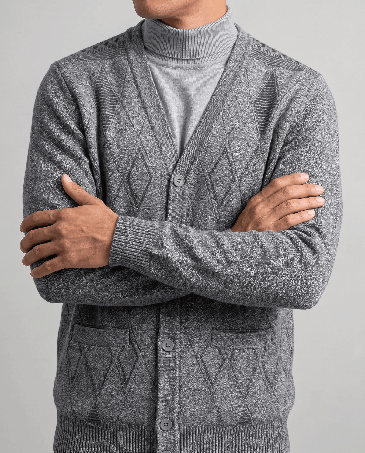 Argyle V-Neck Cardigan Sweater – Button Front, Patch Pockets & Mohair Knit | Lambert