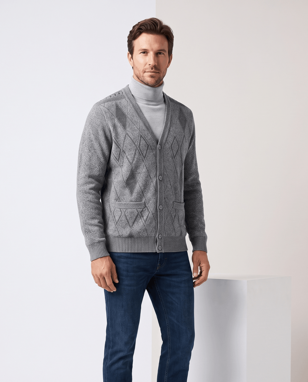 Argyle V-Neck Cardigan Sweater – Button Front, Patch Pockets & Mohair Knit | Lambert