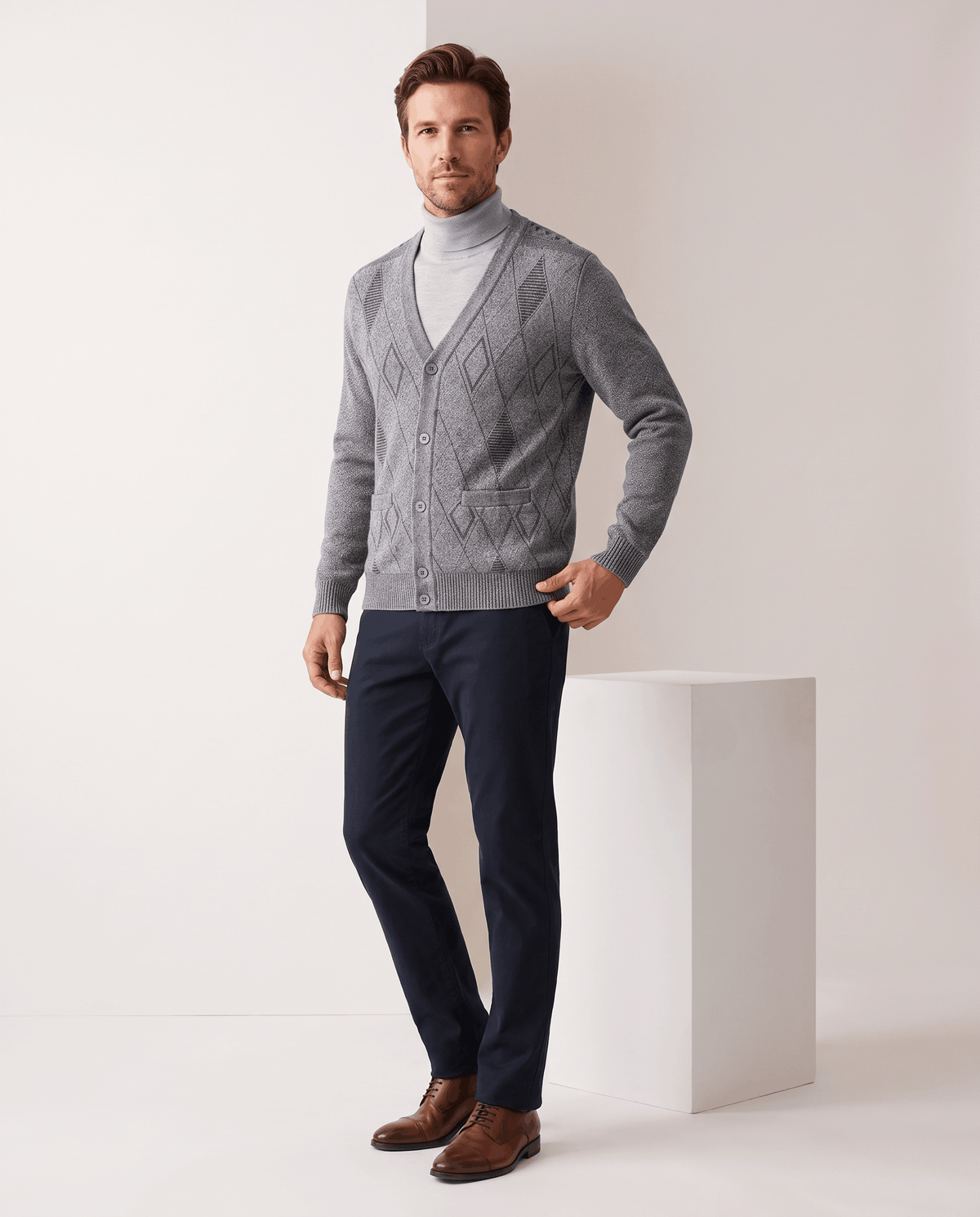 Argyle V-Neck Cardigan Sweater – Button Front, Patch Pockets & Mohair Knit | Lambert