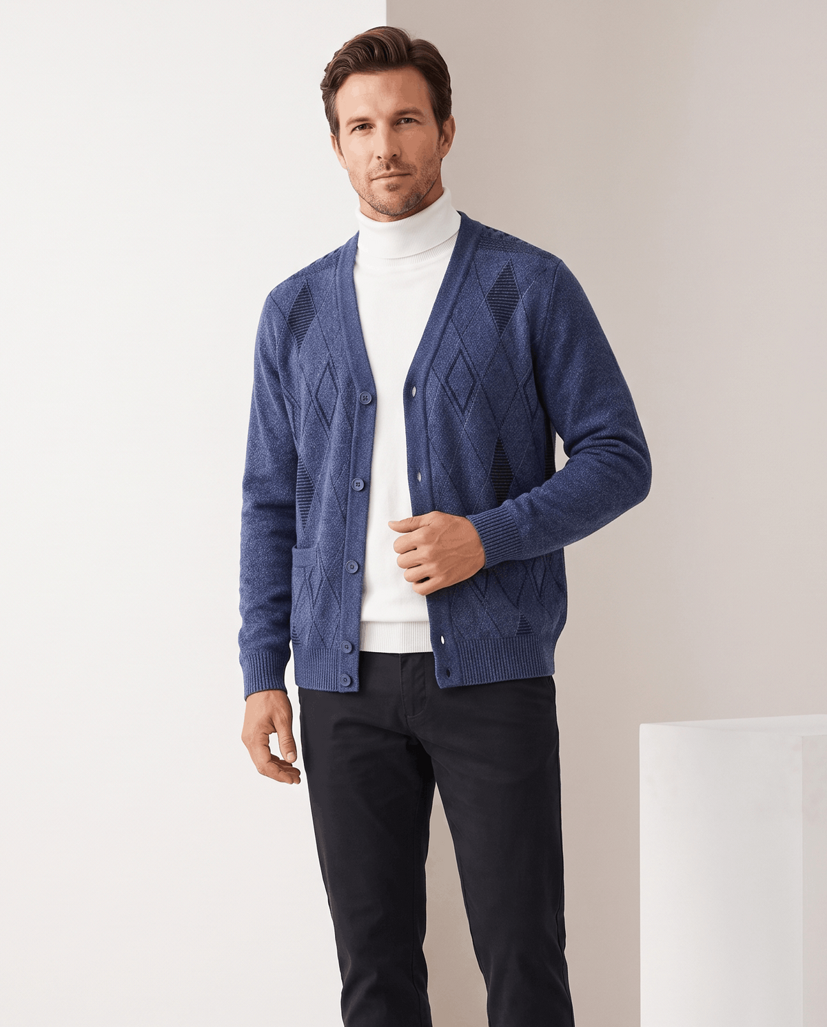 Argyle V-Neck Cardigan Sweater – Button Front, Patch Pockets & Mohair Knit | Lambert