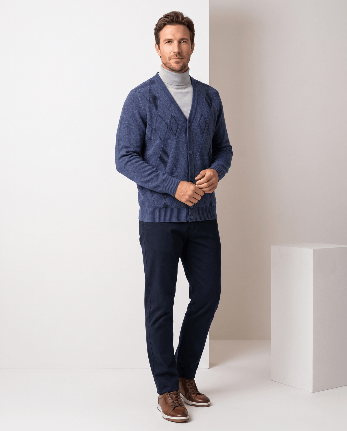 Argyle V-Neck Cardigan Sweater – Button Front, Patch Pockets & Mohair Knit | Lambert