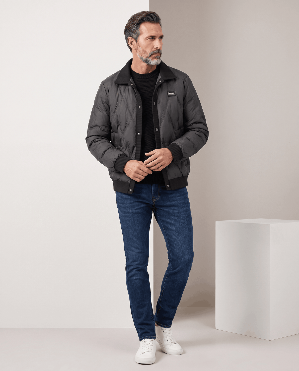 Duck Down Puffer Jacket – Diamond Quilted, Ribbed Collar & Snap Front | Warren