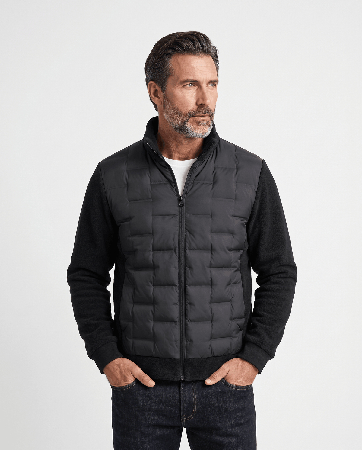 Hybrid Puffer Jacket – Quilted Body, Fleece Sleeves & Stand Collar | Emilio