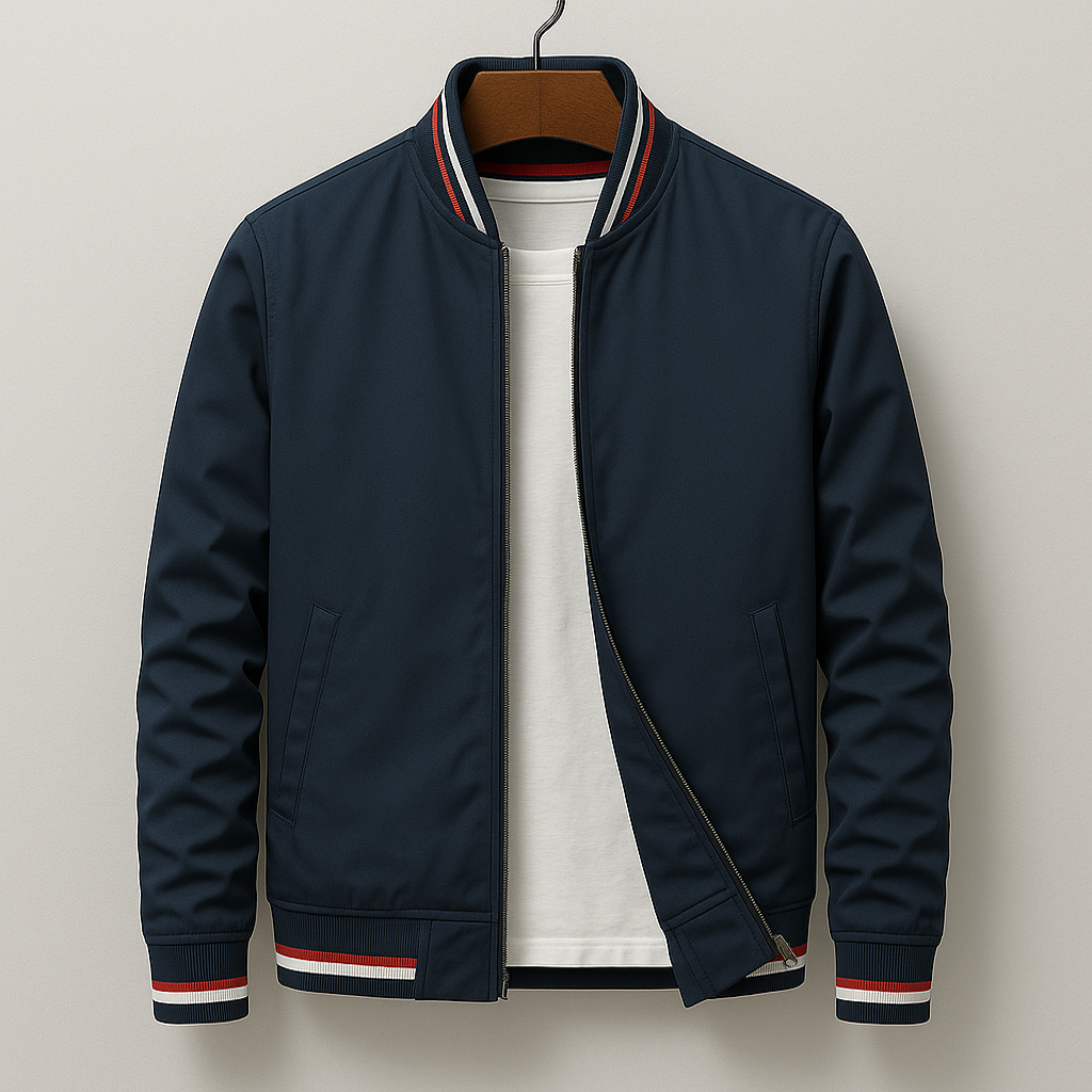 Men's Bomber Jacket with Striped Ribbed Trim and Full Zip