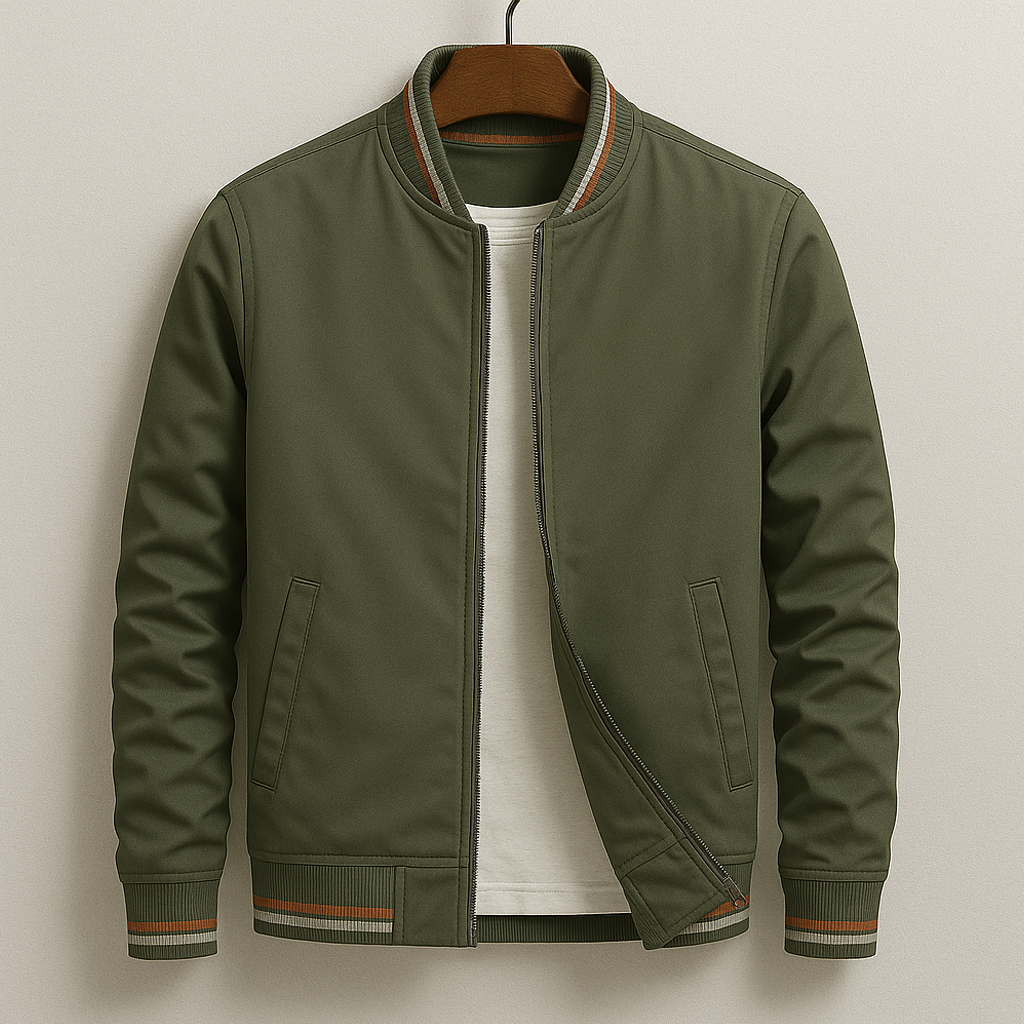 Men's Bomber Jacket with Striped Ribbed Trim and Full Zip