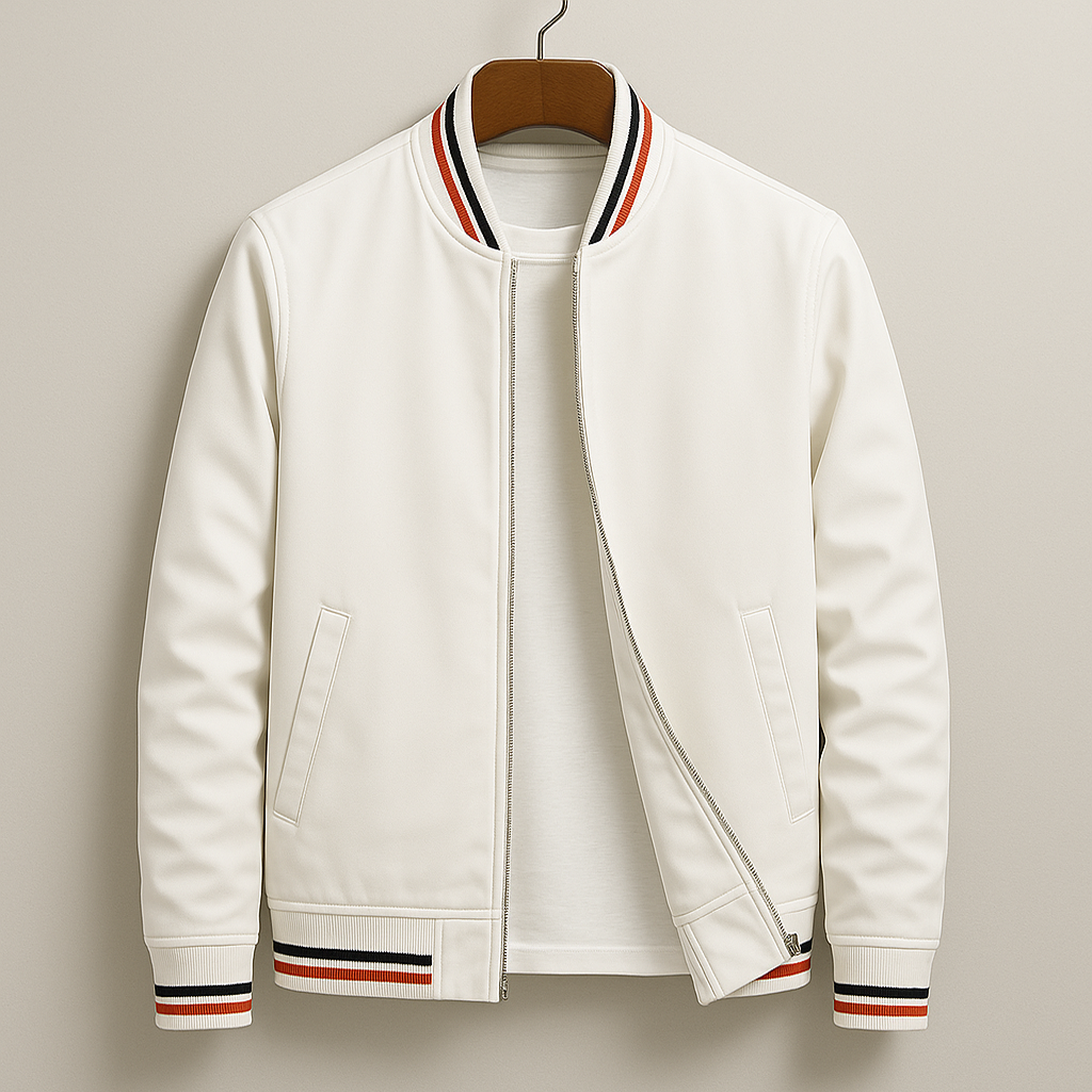 Men's Bomber Jacket with Striped Ribbed Trim and Full Zip