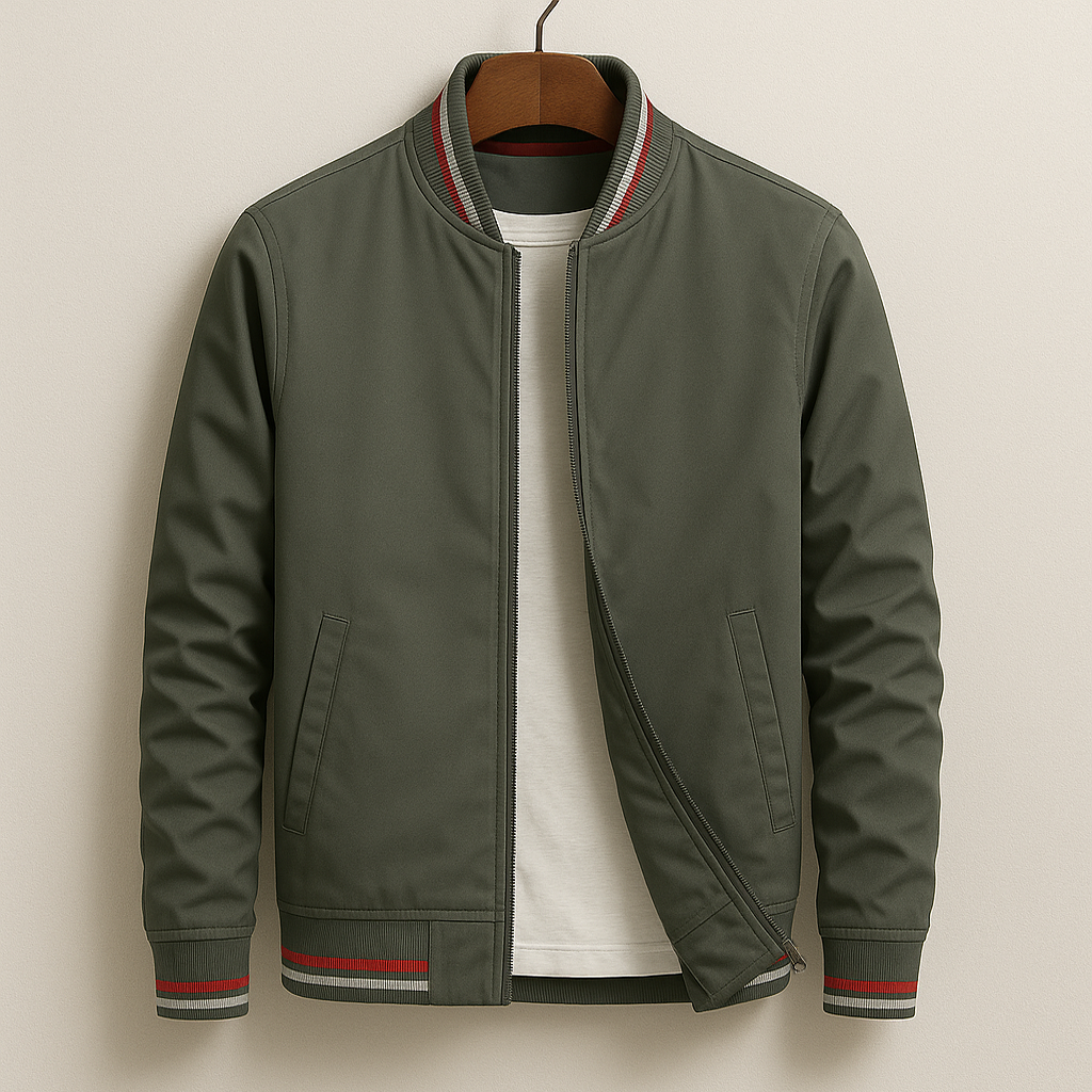 Men's Bomber Jacket with Striped Ribbed Trim and Full Zip