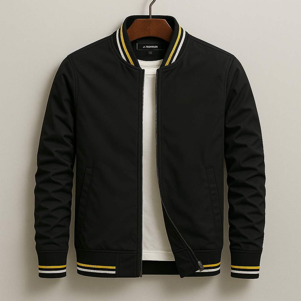 Men's Bomber Jacket with Striped Ribbed Trim and Full Zip