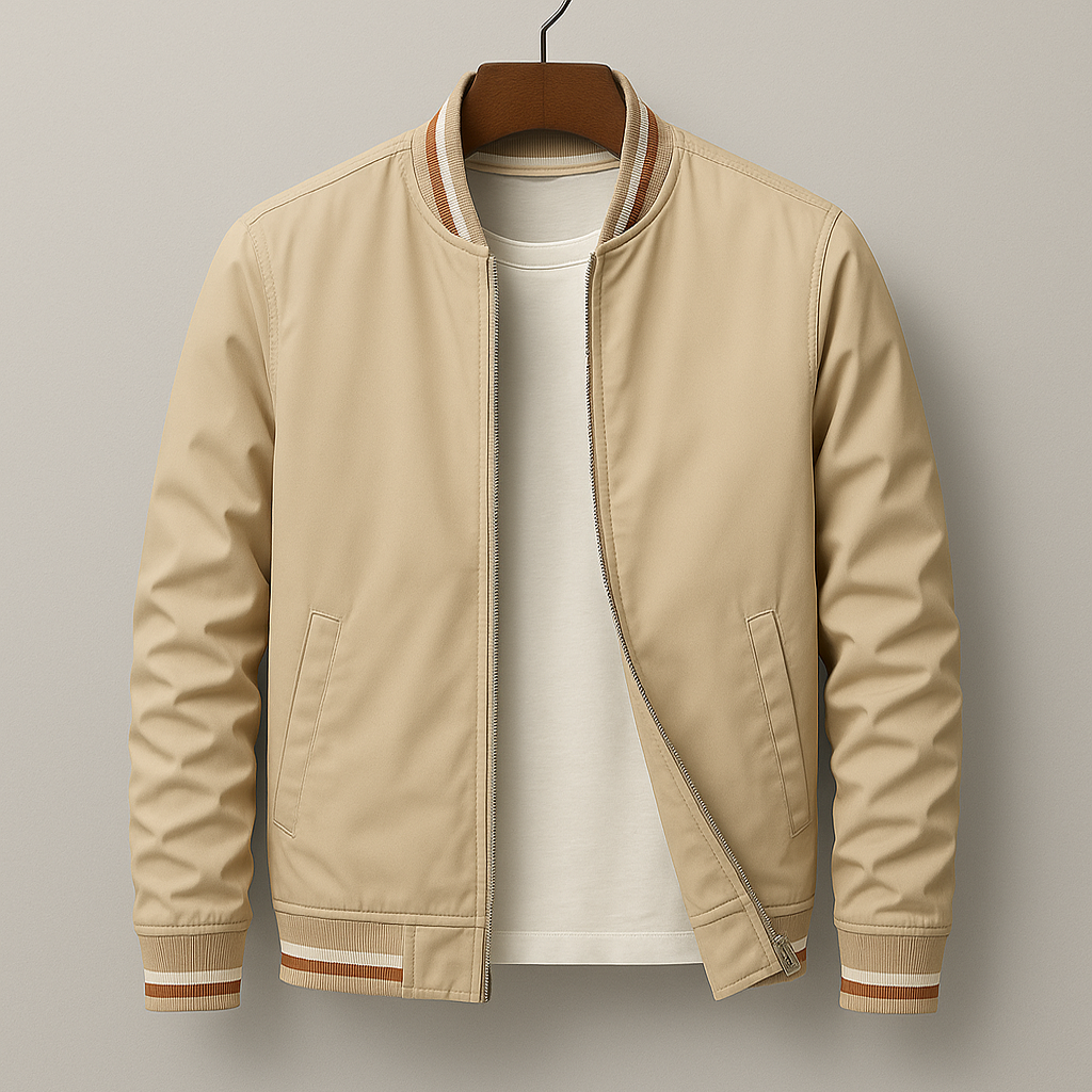 Men's Bomber Jacket with Striped Ribbed Trim and Full Zip