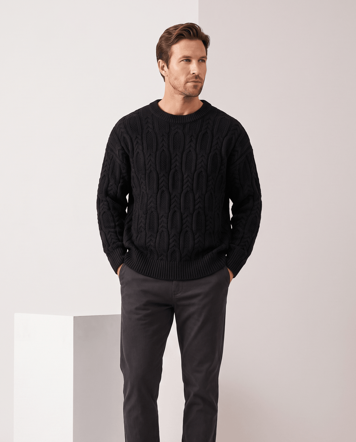 Braided Cable-Knit Crew Neck Sweater – Wool-Blend Knit, Relaxed Fit & Ribbed Trim | Nils