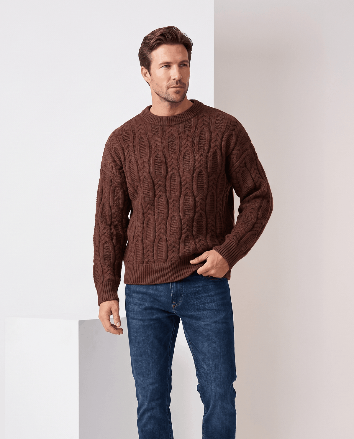 Braided Cable-Knit Crew Neck Sweater – Wool-Blend Knit, Relaxed Fit & Ribbed Trim | Nils