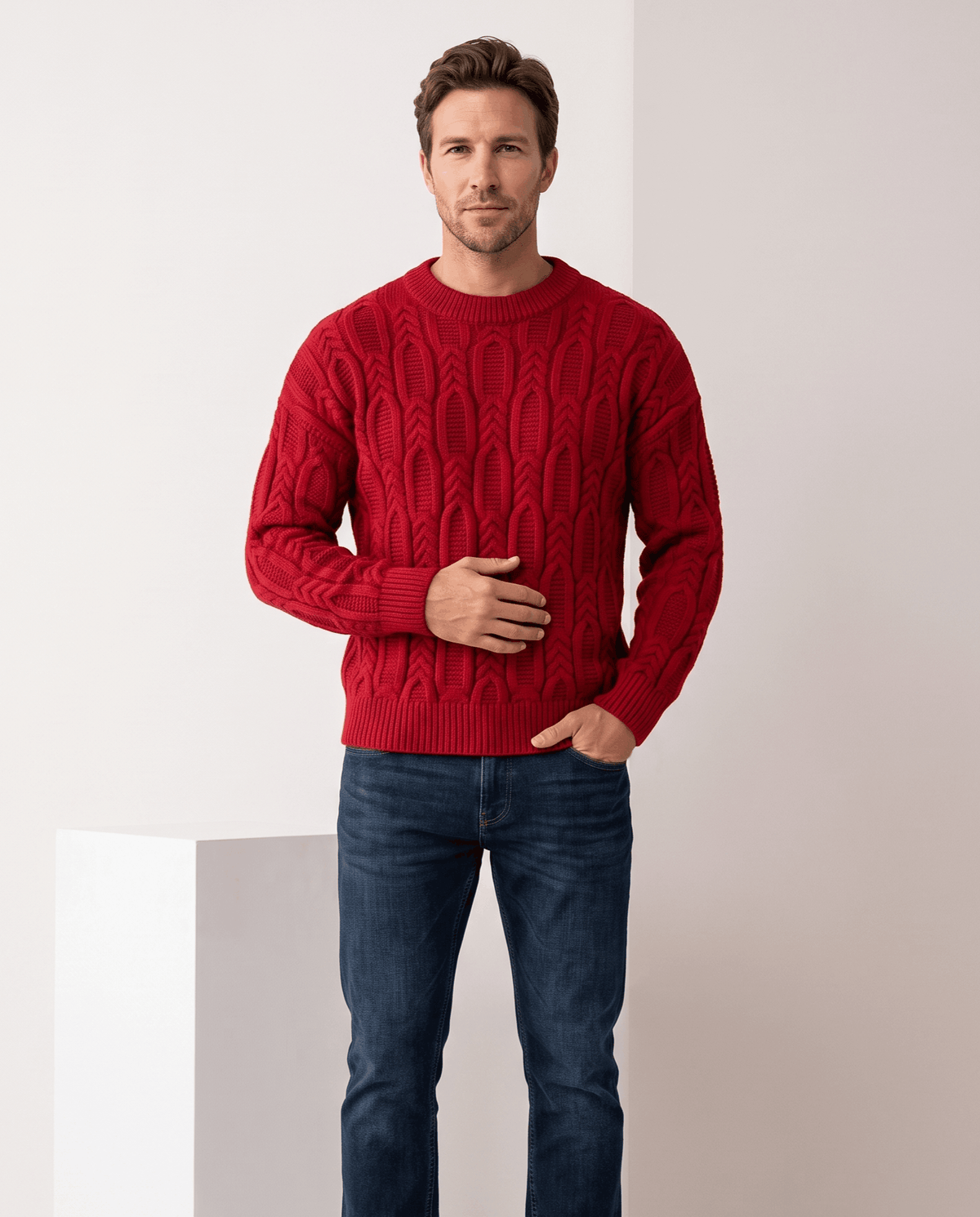 Braided Cable-Knit Crew Neck Sweater – Wool-Blend Knit, Relaxed Fit & Ribbed Trim | Nils