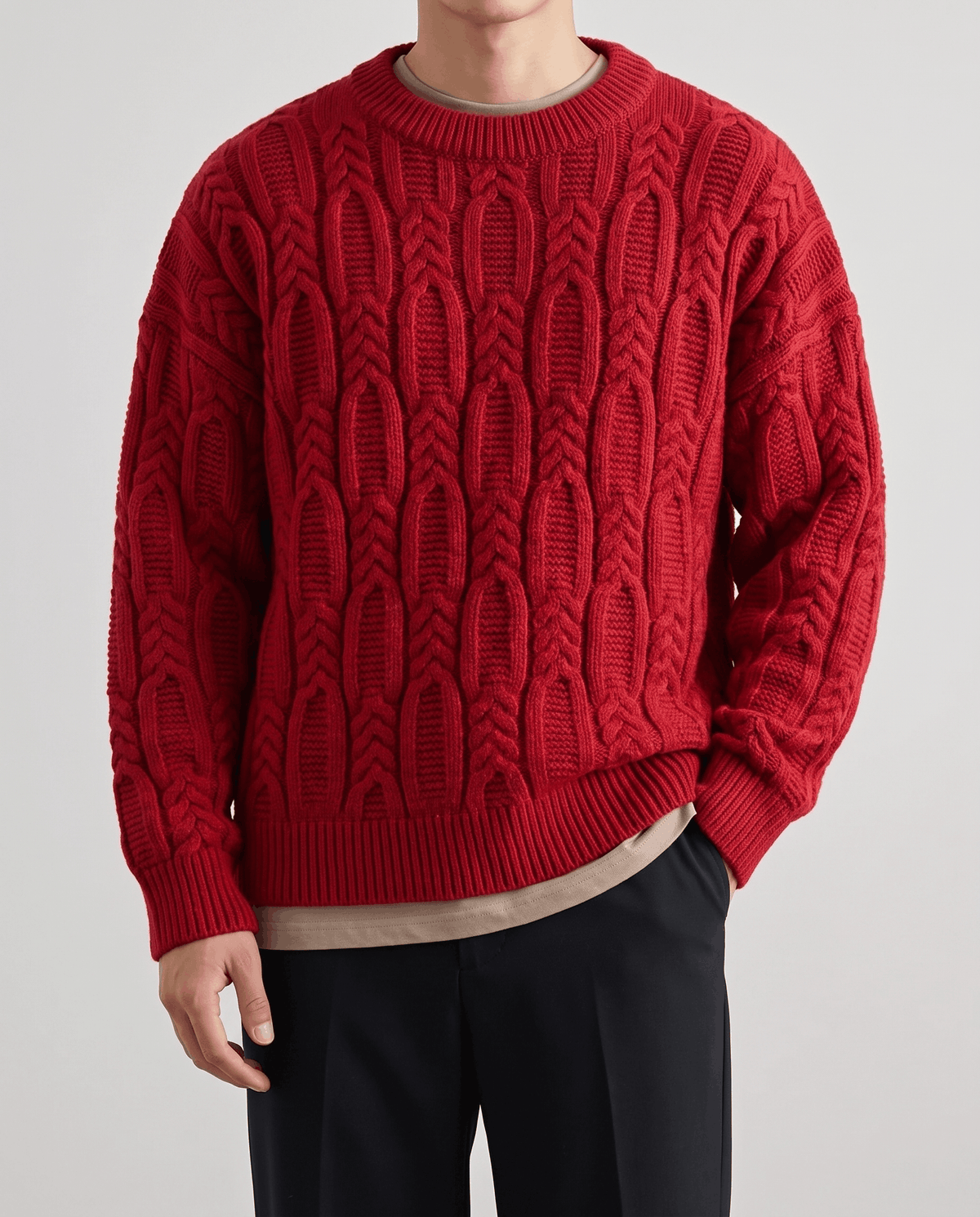 Braided Cable-Knit Crew Neck Sweater – Wool-Blend Knit, Relaxed Fit & Ribbed Trim | Nils