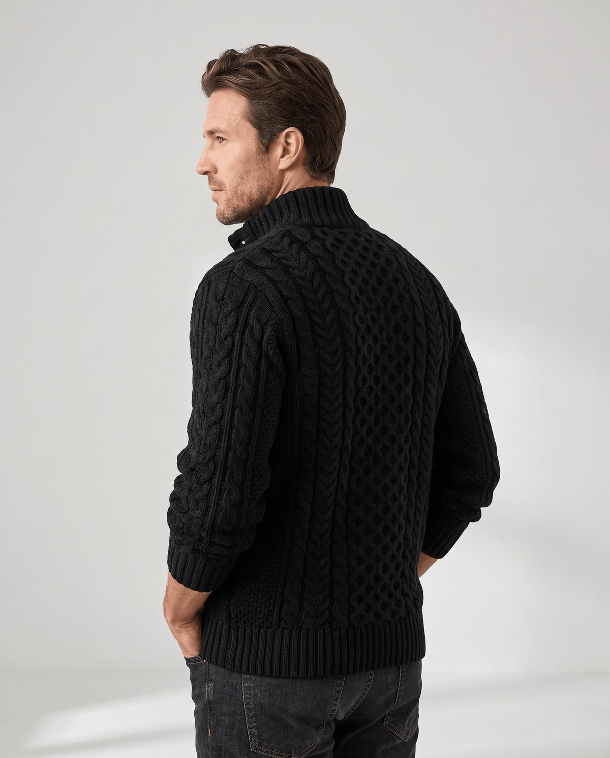 Button Mock Neck Cable-Knit Sweater – Chunky Diamond Pattern, Relaxed Fit & Ribbed Cuffs | Magnus