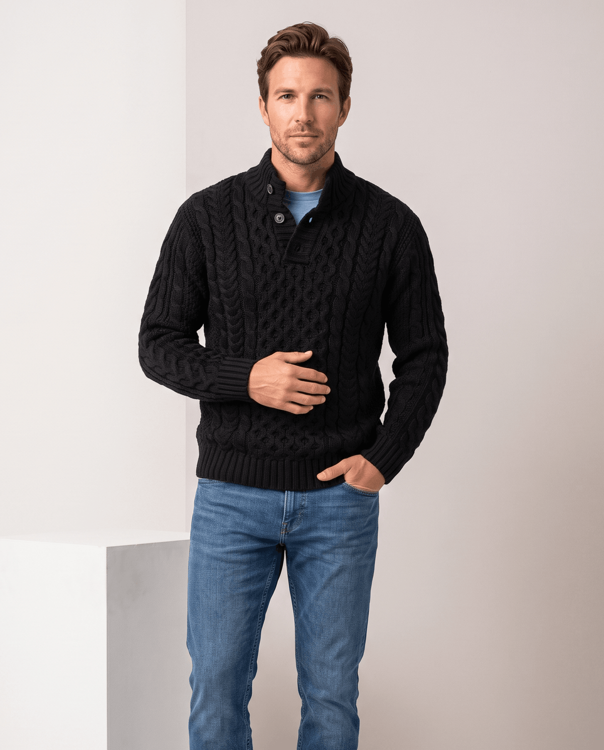 Button Mock Neck Cable-Knit Sweater – Chunky Diamond Pattern, Relaxed Fit & Ribbed Cuffs | Magnus