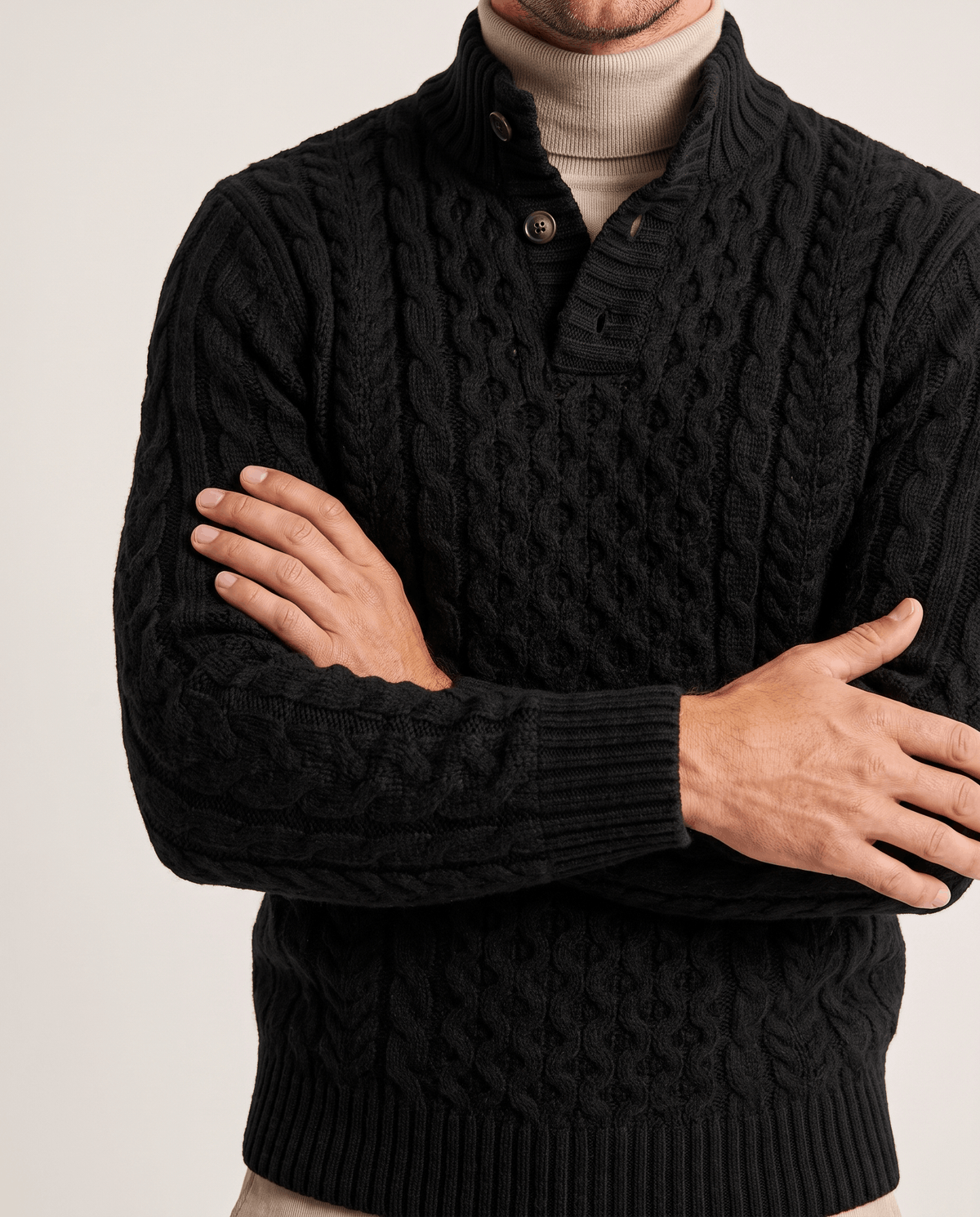 Button Mock Neck Cable-Knit Sweater – Chunky Diamond Pattern, Relaxed Fit & Ribbed Cuffs | Magnus