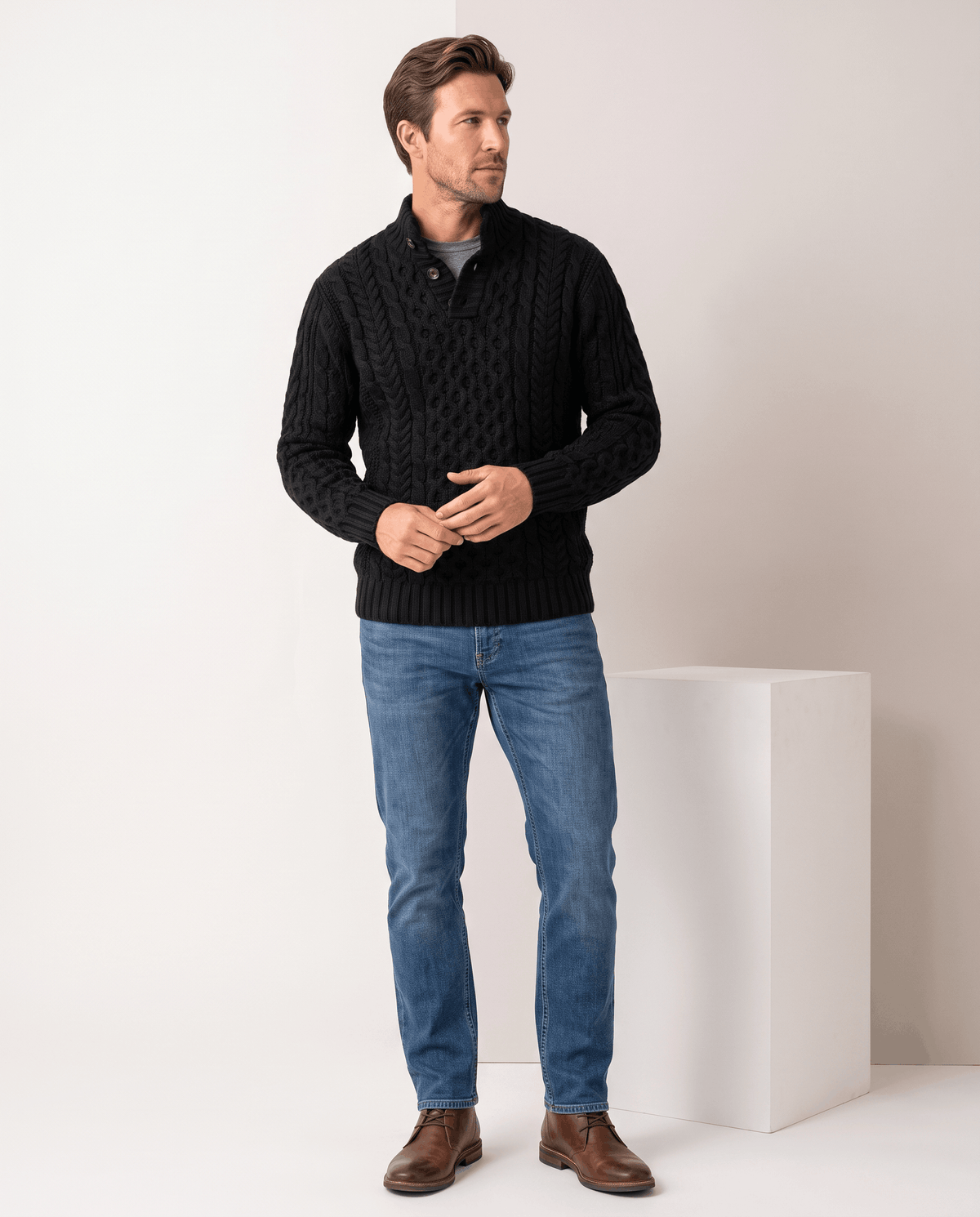 Button Mock Neck Cable-Knit Sweater – Chunky Diamond Pattern, Relaxed Fit & Ribbed Cuffs | Magnus