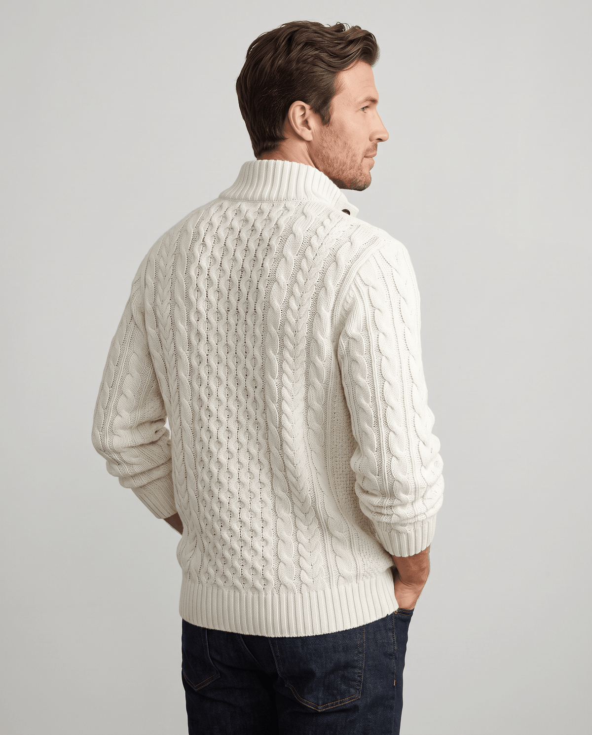 Button Mock Neck Cable-Knit Sweater – Chunky Diamond Pattern, Relaxed Fit & Ribbed Cuffs | Magnus