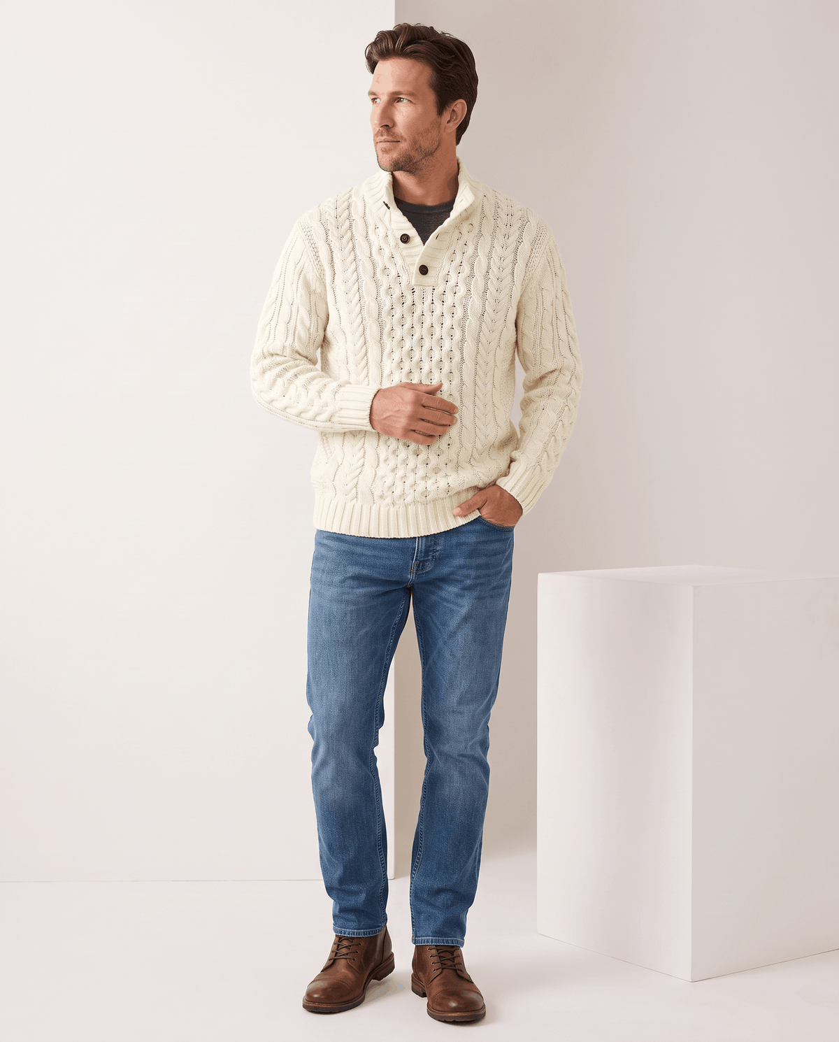 Button Mock Neck Cable-Knit Sweater – Chunky Diamond Pattern, Relaxed Fit & Ribbed Cuffs | Magnus
