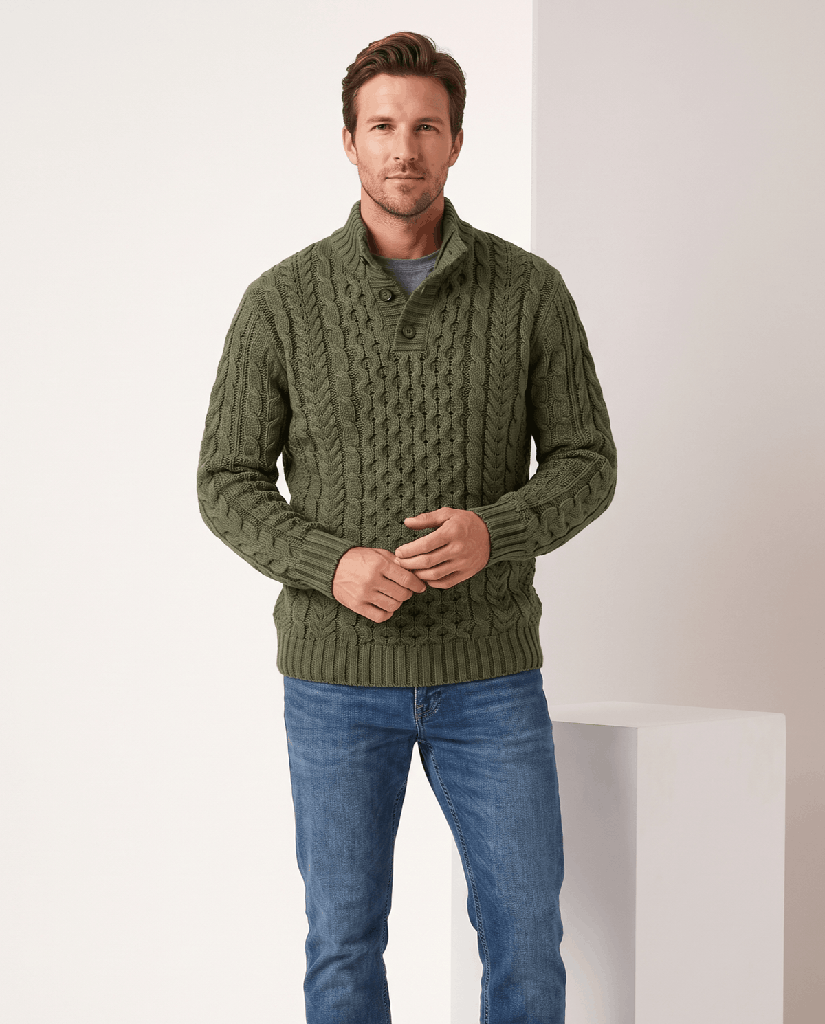 Button Mock Neck Cable-Knit Sweater – Chunky Diamond Pattern, Relaxed Fit & Ribbed Cuffs | Magnus