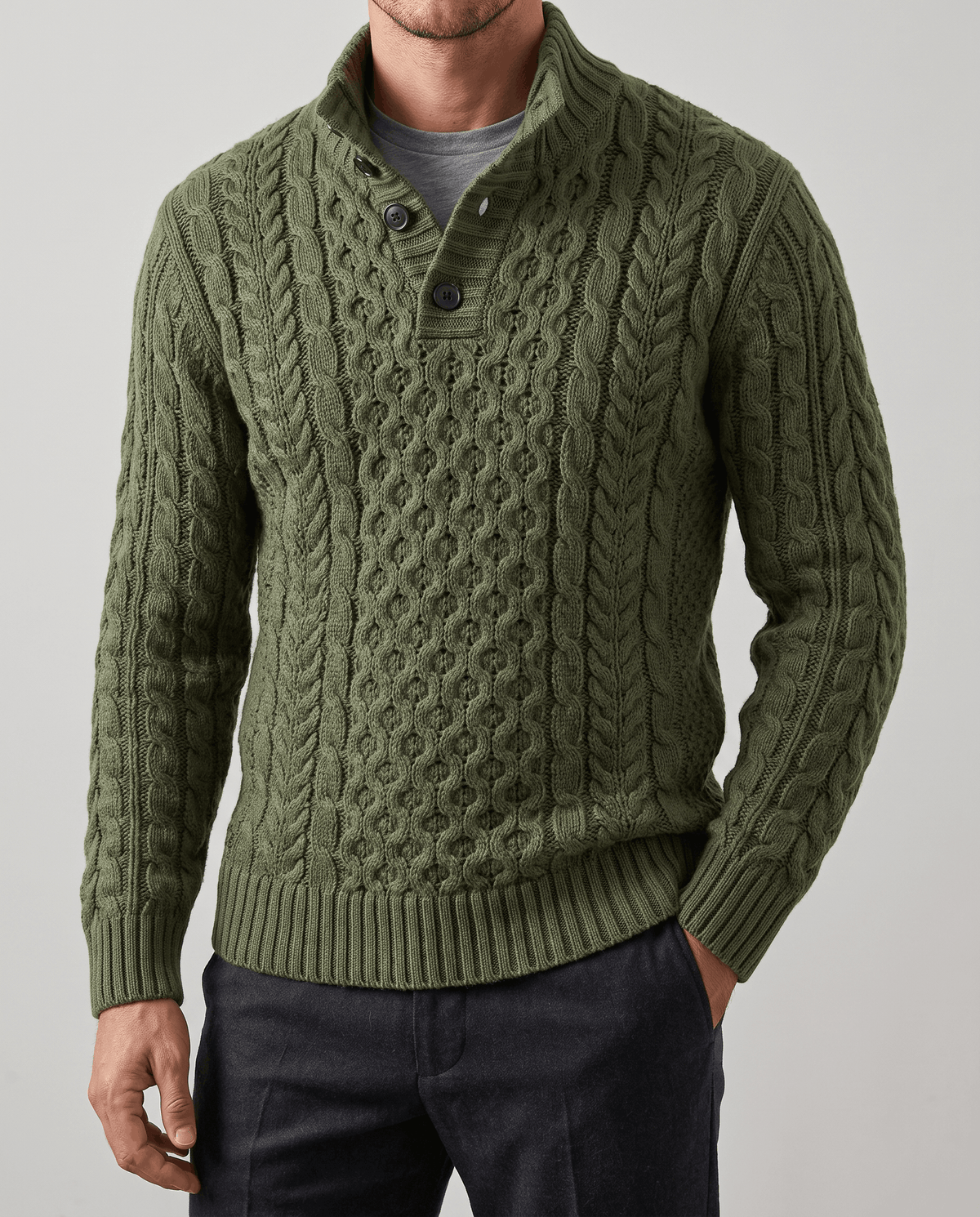 Button Mock Neck Cable-Knit Sweater – Chunky Diamond Pattern, Relaxed Fit & Ribbed Cuffs | Magnus